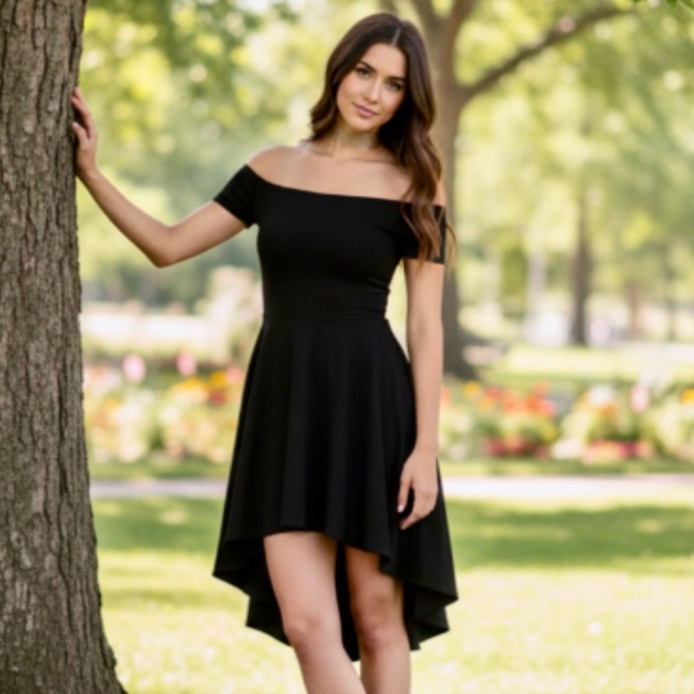 SARIN MATHEWS Black Off The Shoulder Hi-Low Skater Dress